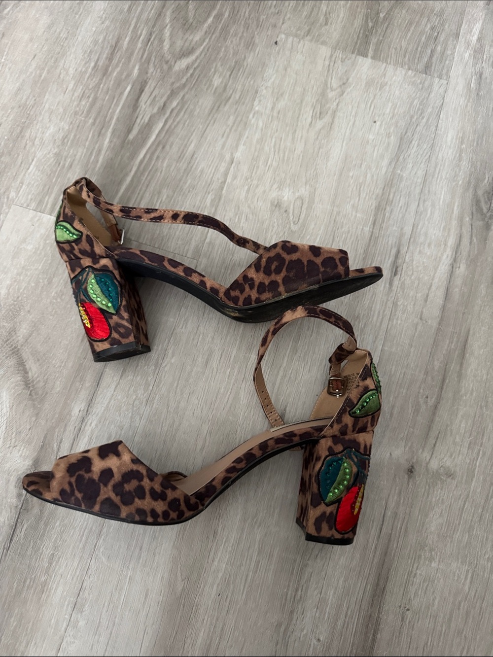 Steve Madden Leopard Print Block Heels with Colorful Embroidered Leaves